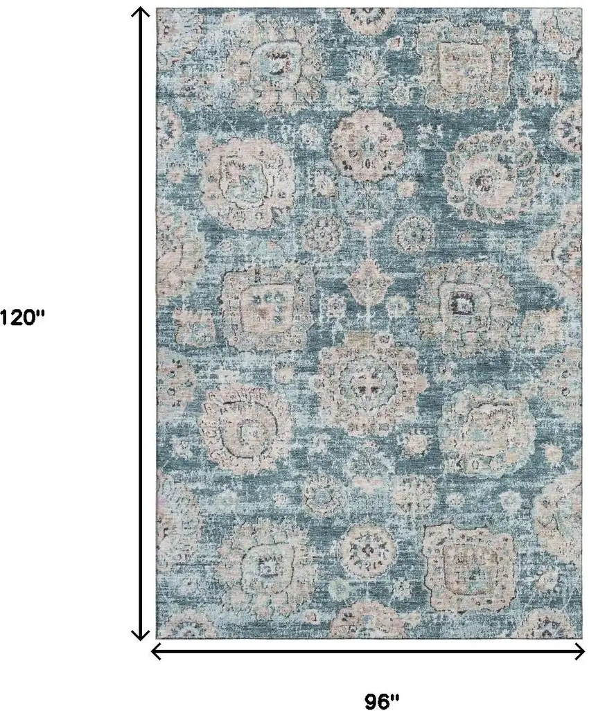 Teal And Beige Floral Washable Area Rug With UV Protection Photo 3