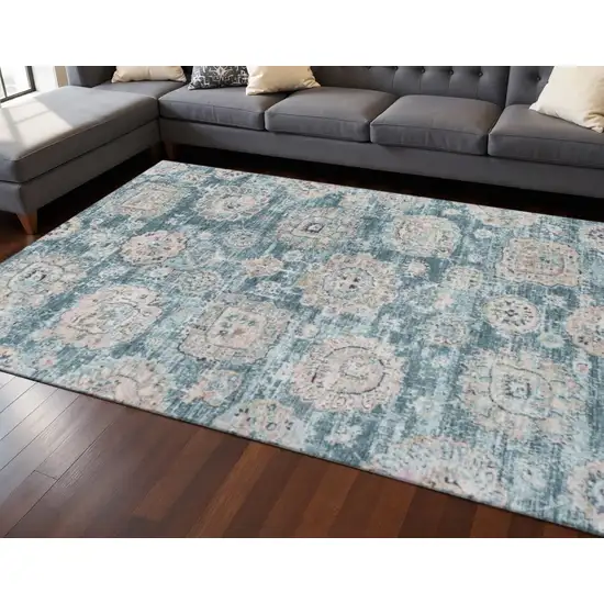 Teal And Beige Floral Washable Area Rug With UV Protection Photo 2