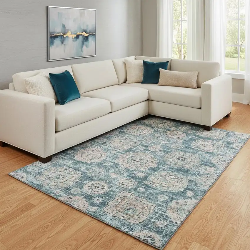 Teal And Beige Floral Washable Area Rug With UV Protection Photo 1
