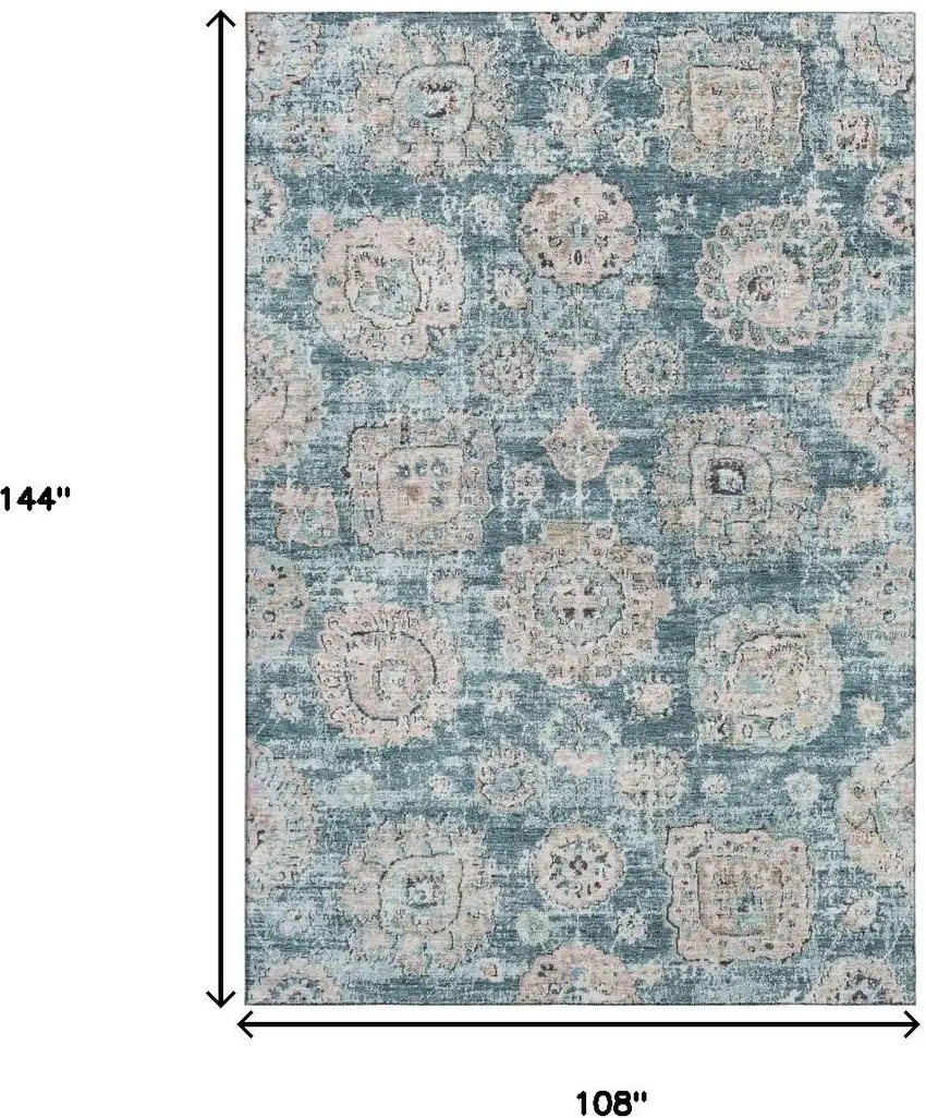 Teal And Beige Floral Washable Area Rug With UV Protection Photo 3