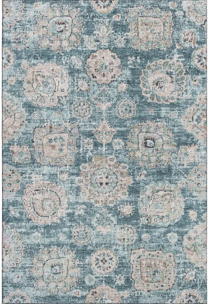 Teal And Beige Floral Washable Area Rug With UV Protection Photo 1