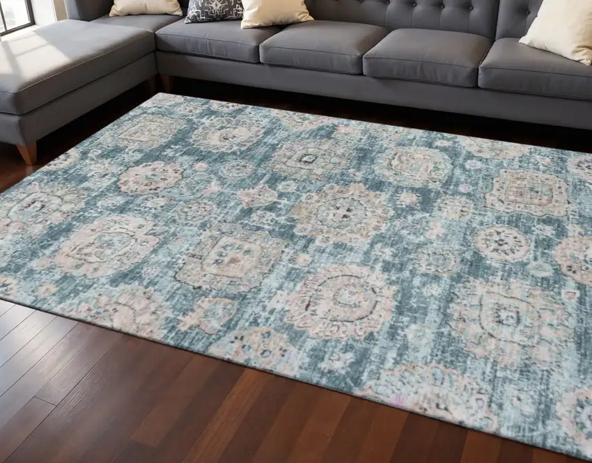 Teal And Beige Floral Washable Area Rug With UV Protection Photo 2