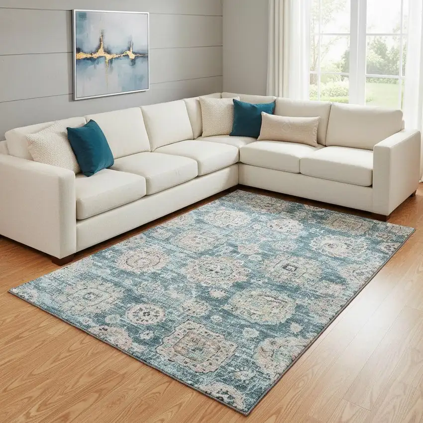 Teal And Beige Floral Washable Area Rug With UV Protection Photo 1