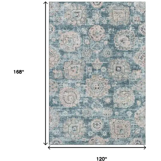 Teal And Beige Floral Washable Area Rug With UV Protection Photo 3