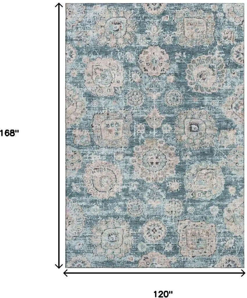 Teal And Beige Floral Washable Area Rug With UV Protection Photo 3
