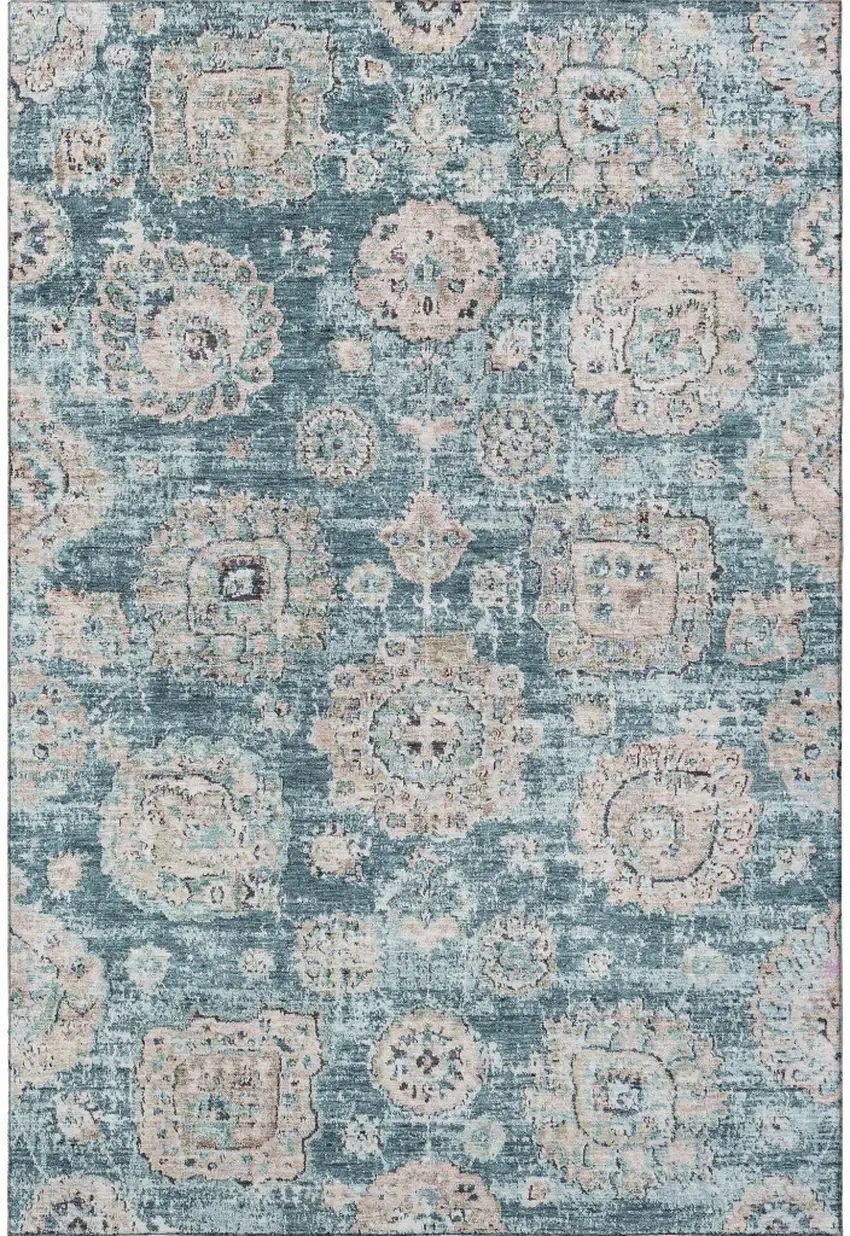 Teal And Beige Floral Washable Area Rug With UV Protection Photo 3
