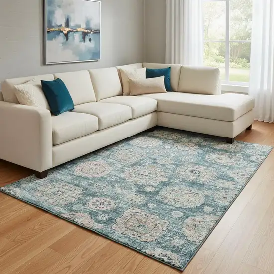 Teal And Beige Floral Washable Area Rug With UV Protection Photo 1