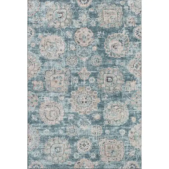Teal And Beige Floral Washable Area Rug With UV Protection Photo 1