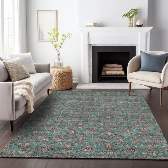 Teal And Beige Floral Washable Area Rug With UV Protection Photo 5