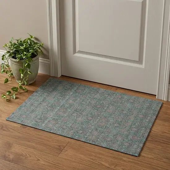 Teal And Beige Floral Washable Area Rug With UV Protection Photo 1