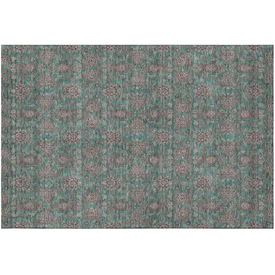Teal And Beige Floral Washable Area Rug With UV Protection Photo 2