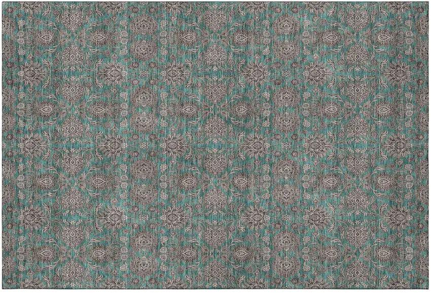 Teal And Beige Floral Washable Area Rug With UV Protection Photo 2