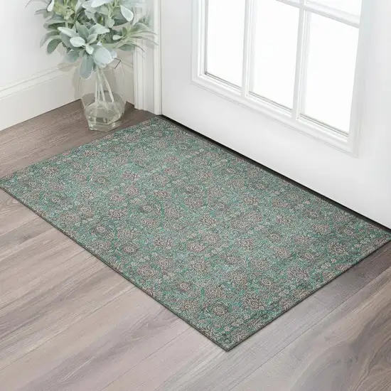Teal And Beige Floral Washable Area Rug With UV Protection Photo 1