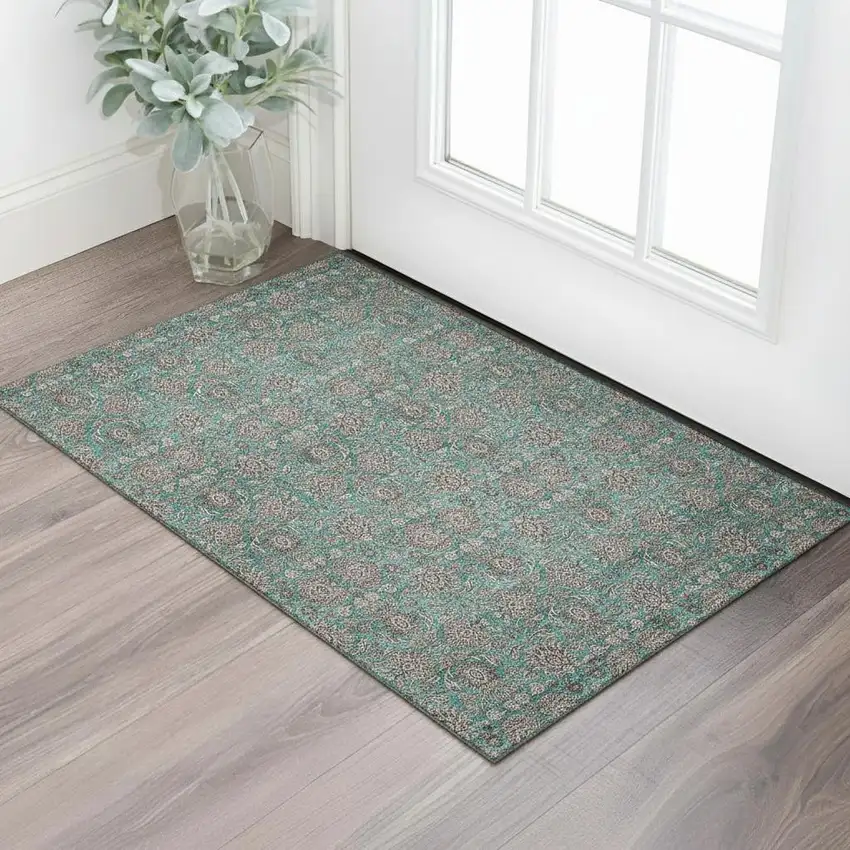Teal And Beige Floral Washable Area Rug With UV Protection Photo 1