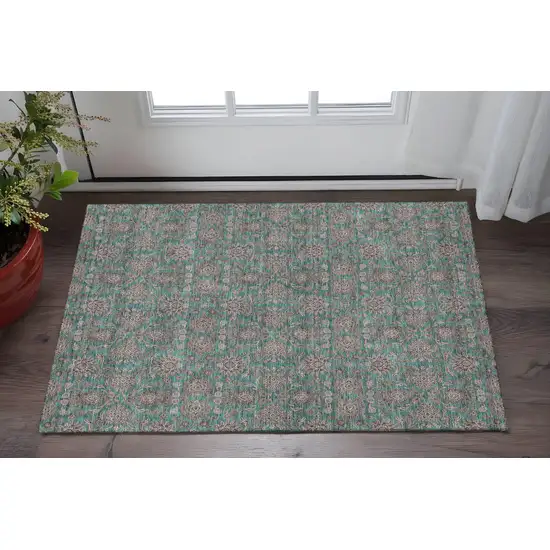 Teal And Beige Floral Washable Area Rug With UV Protection Photo 2