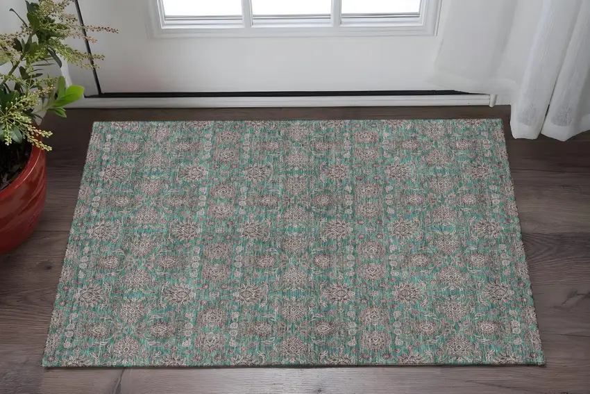 Teal And Beige Floral Washable Area Rug With UV Protection Photo 2