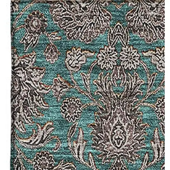 Teal And Beige Floral Washable Area Rug With UV Protection Photo 4