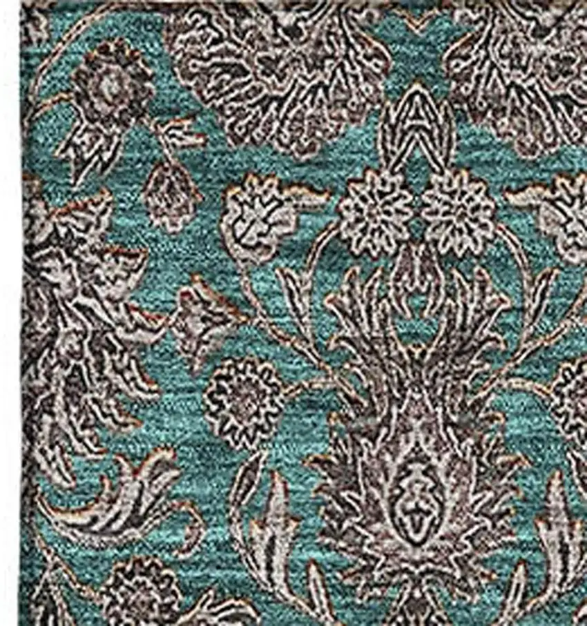 Teal And Beige Floral Washable Area Rug With UV Protection Photo 4