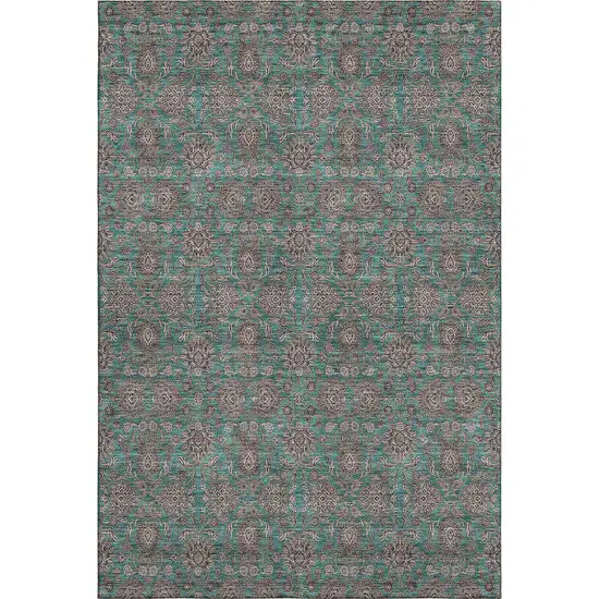 Teal And Beige Floral Washable Area Rug With UV Protection Photo 1
