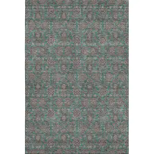 Photo of Teal And Beige Floral Washable Area Rug With UV Protection