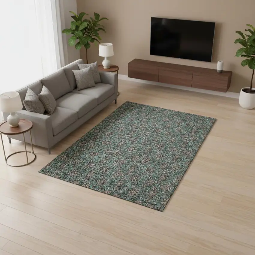 Teal And Beige Floral Washable Area Rug With UV Protection Photo 3