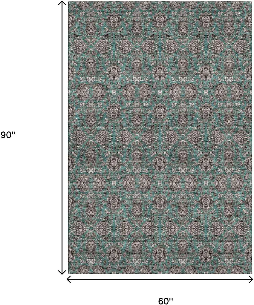 Teal And Beige Floral Washable Area Rug With UV Protection Photo 4