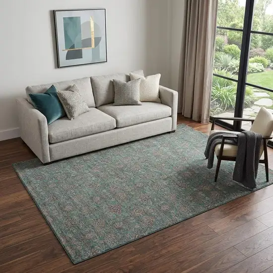 Teal And Beige Floral Washable Area Rug With UV Protection Photo 1