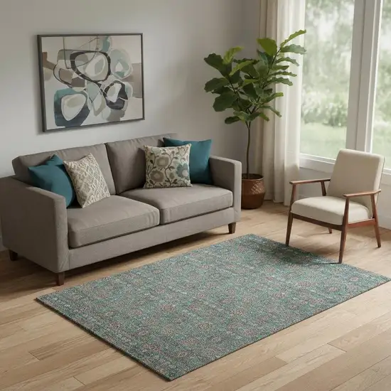 Teal And Beige Floral Washable Area Rug With UV Protection Photo 1