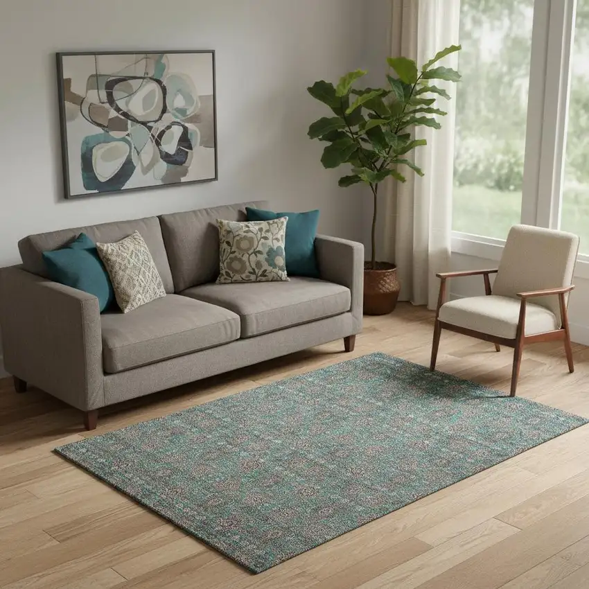 Teal And Beige Floral Washable Area Rug With UV Protection Photo 1