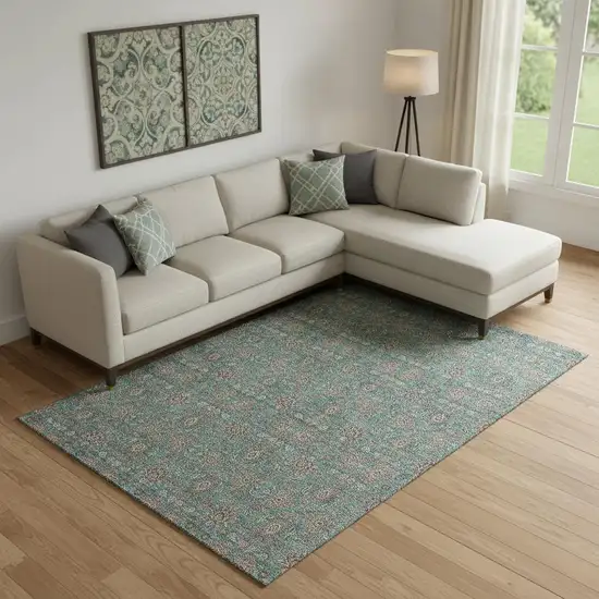 Teal And Beige Floral Washable Area Rug With UV Protection Photo 1