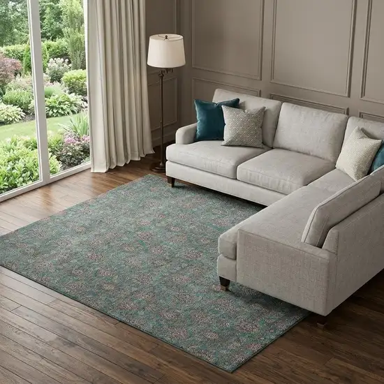 Teal And Beige Floral Washable Area Rug With UV Protection Photo 1