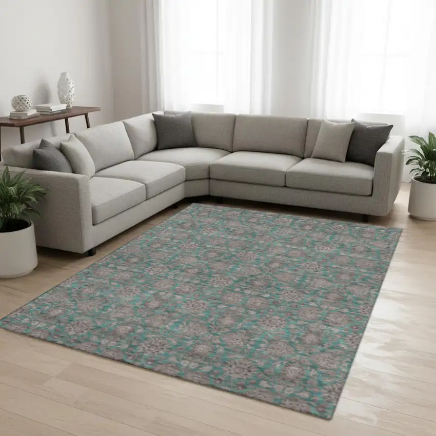 Teal And Beige Floral Washable Area Rug With UV Protection Photo 1