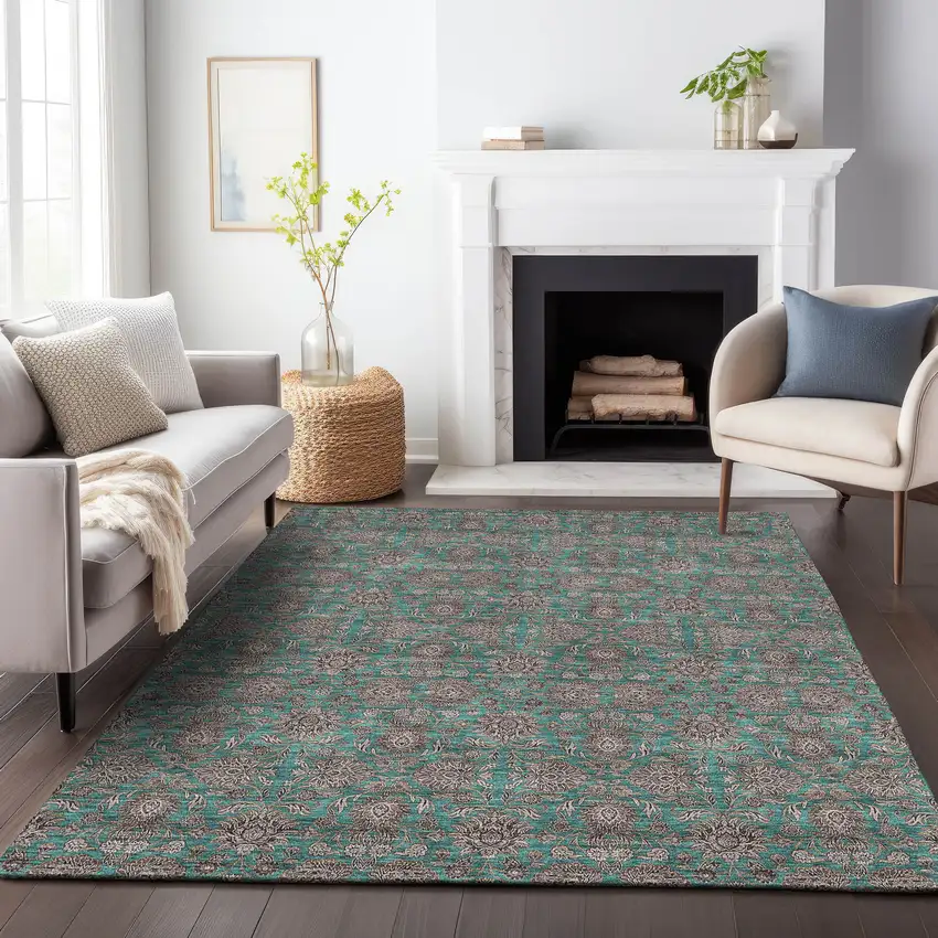 Teal And Beige Floral Washable Area Rug With UV Protection Photo 5