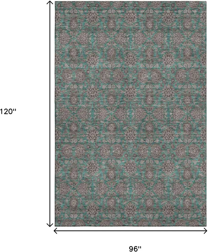 Teal And Beige Floral Washable Area Rug With UV Protection Photo 3
