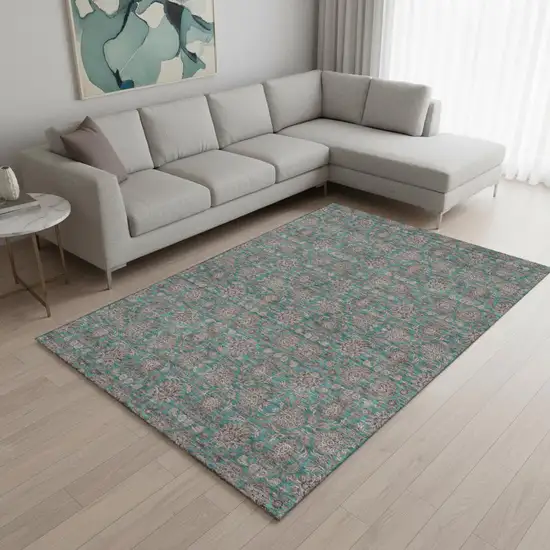 Teal And Beige Floral Washable Area Rug With UV Protection Photo 1