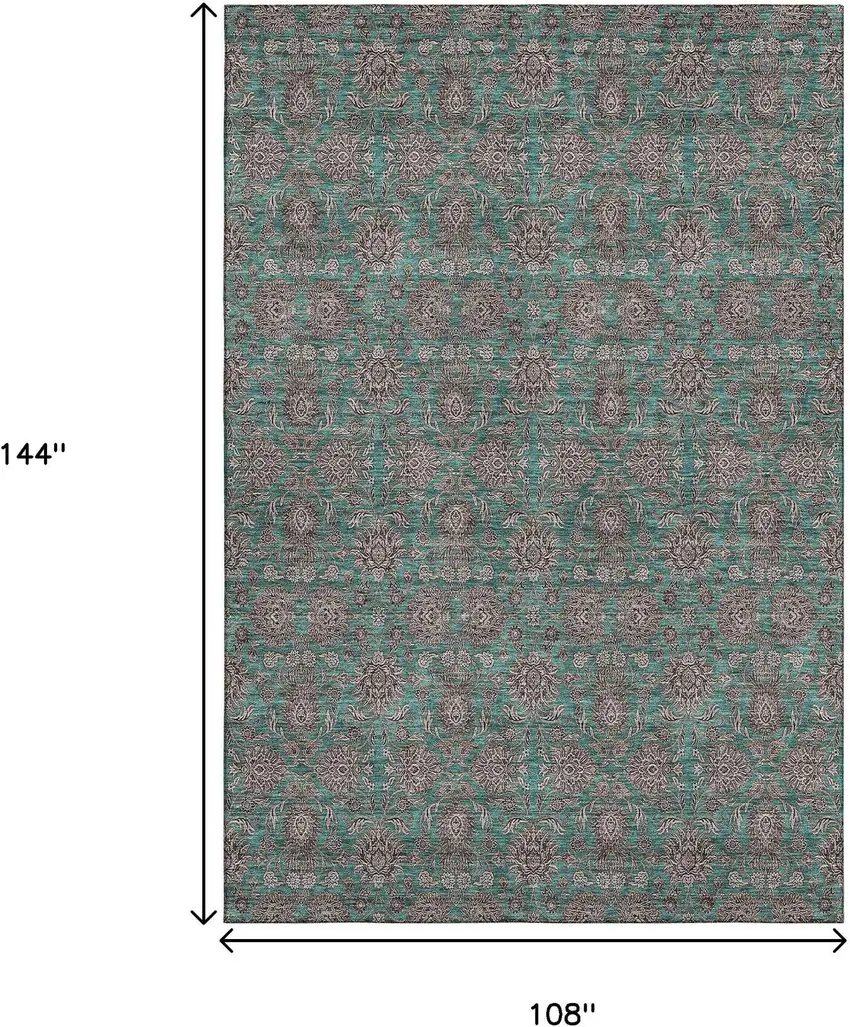 Teal And Beige Floral Washable Area Rug With UV Protection Photo 3