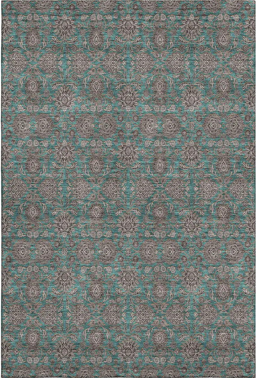 Teal And Beige Floral Washable Area Rug With UV Protection Photo 2
