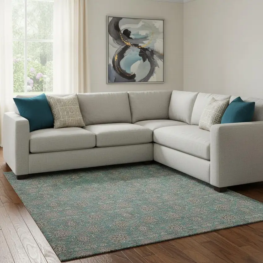 Teal And Beige Floral Washable Area Rug With UV Protection Photo 1