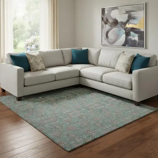 Teal And Beige Floral Washable Area Rug With UV Protection Photo 3