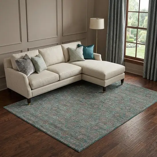 Teal And Beige Floral Washable Area Rug With UV Protection Photo 1