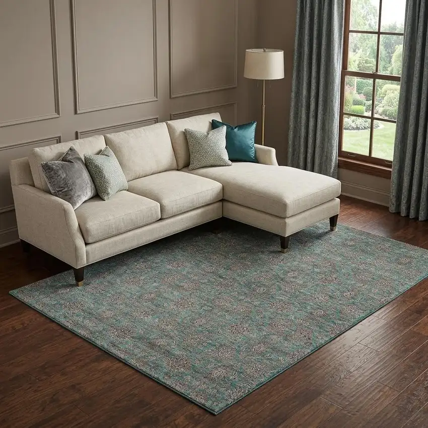 Teal And Beige Floral Washable Area Rug With UV Protection Photo 1