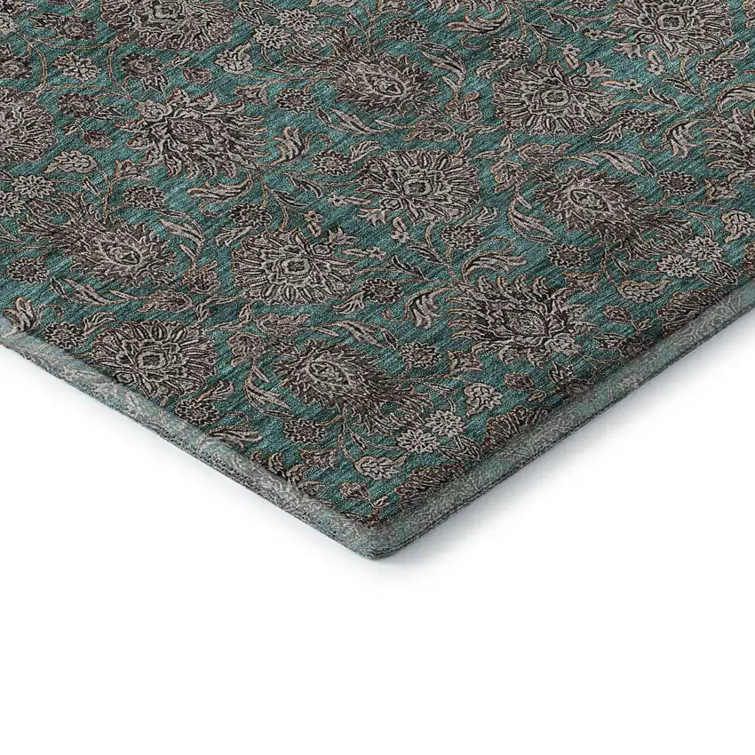 Teal And Beige Floral Washable Area Rug With UV Protection Photo 7