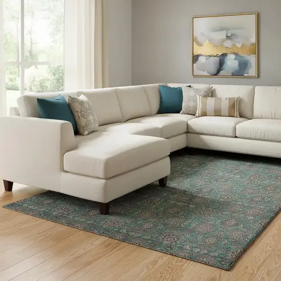 Teal And Beige Floral Washable Area Rug With UV Protection Photo 2