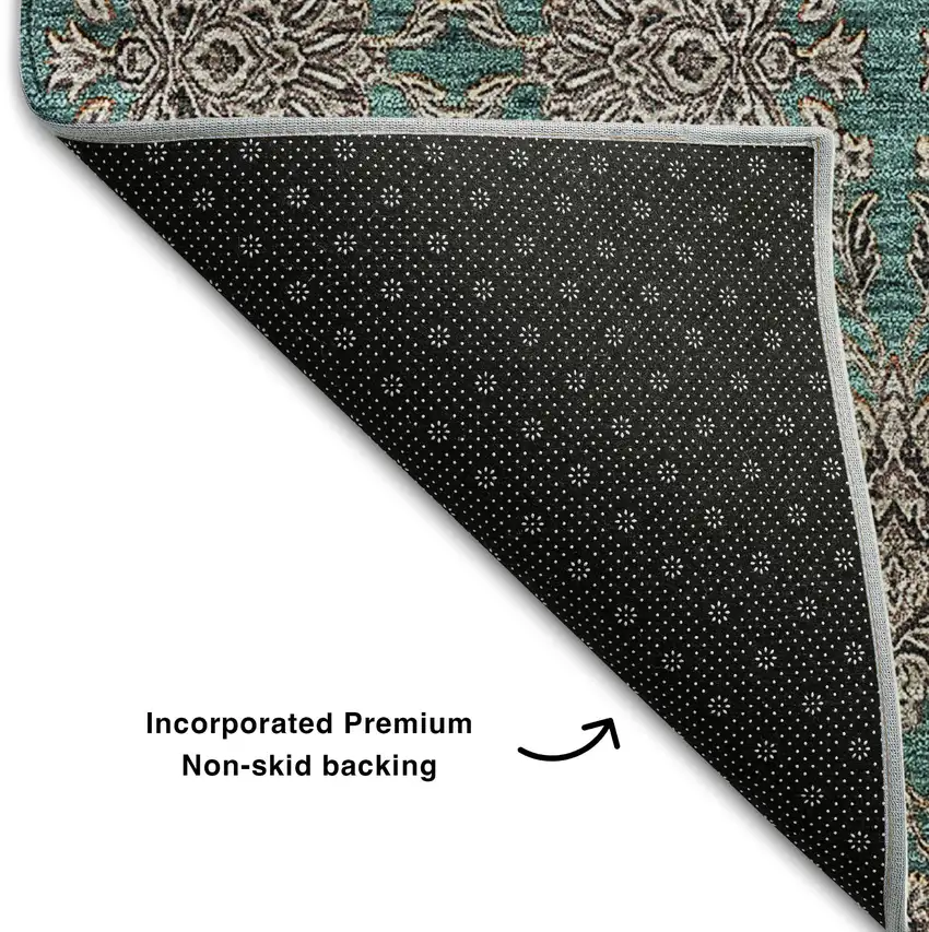 Teal And Beige Floral Washable Area Rug With UV Protection Photo 6