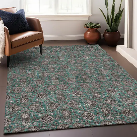 Teal And Beige Floral Washable Area Rug With UV Protection Photo 4