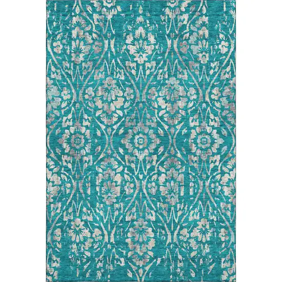 Teal And Beige Floral Washable Area Rug With UV Protection Photo 1