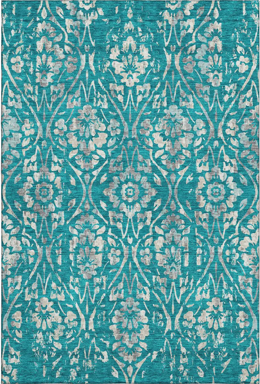 Teal And Beige Floral Washable Area Rug With UV Protection Photo 1