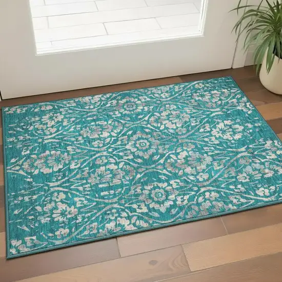 Teal And Beige Floral Washable Area Rug With UV Protection Photo 2