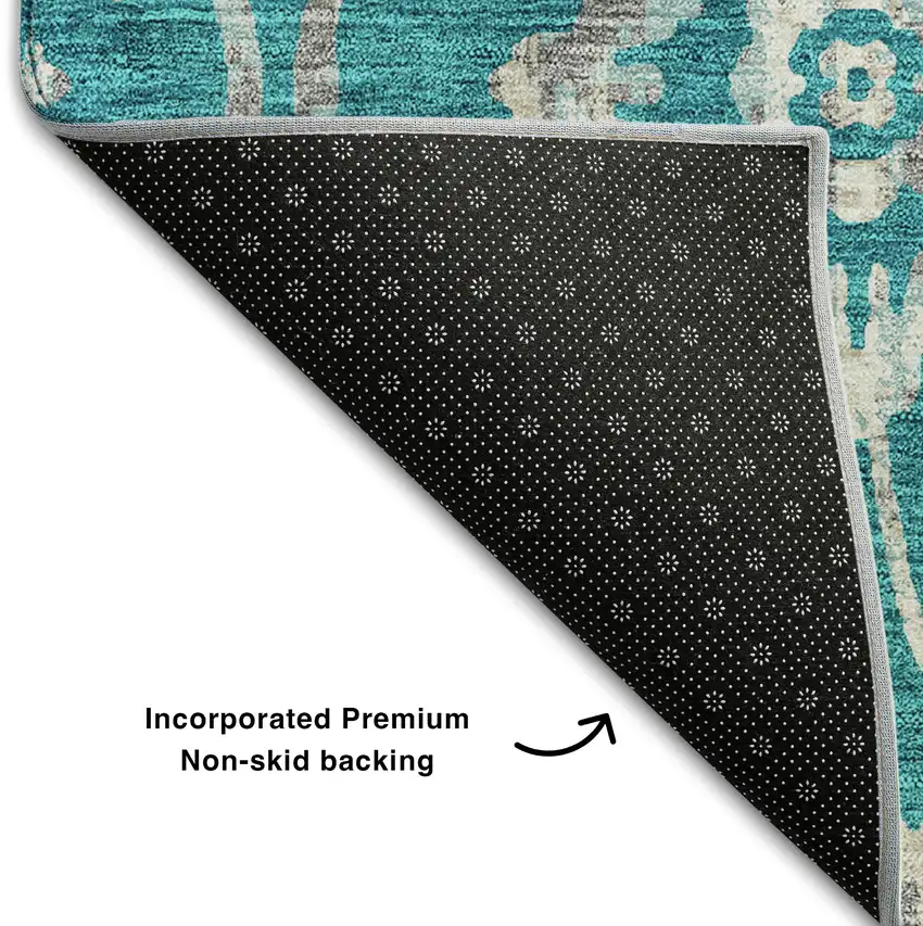Teal And Beige Floral Washable Area Rug With UV Protection Photo 7