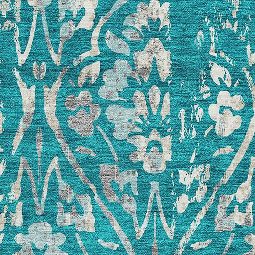 Teal And Beige Floral Washable Area Rug With UV Protection Photo 3